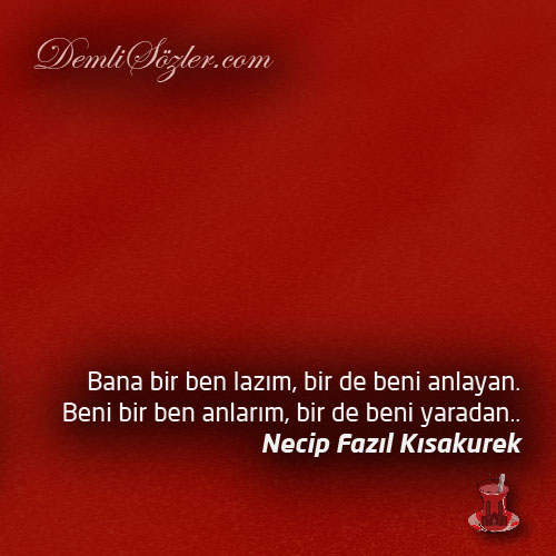 Bana bir ben lazım, bir de beni anlayan. Beni bir ben anlarım, bir de beni yaradan ..
